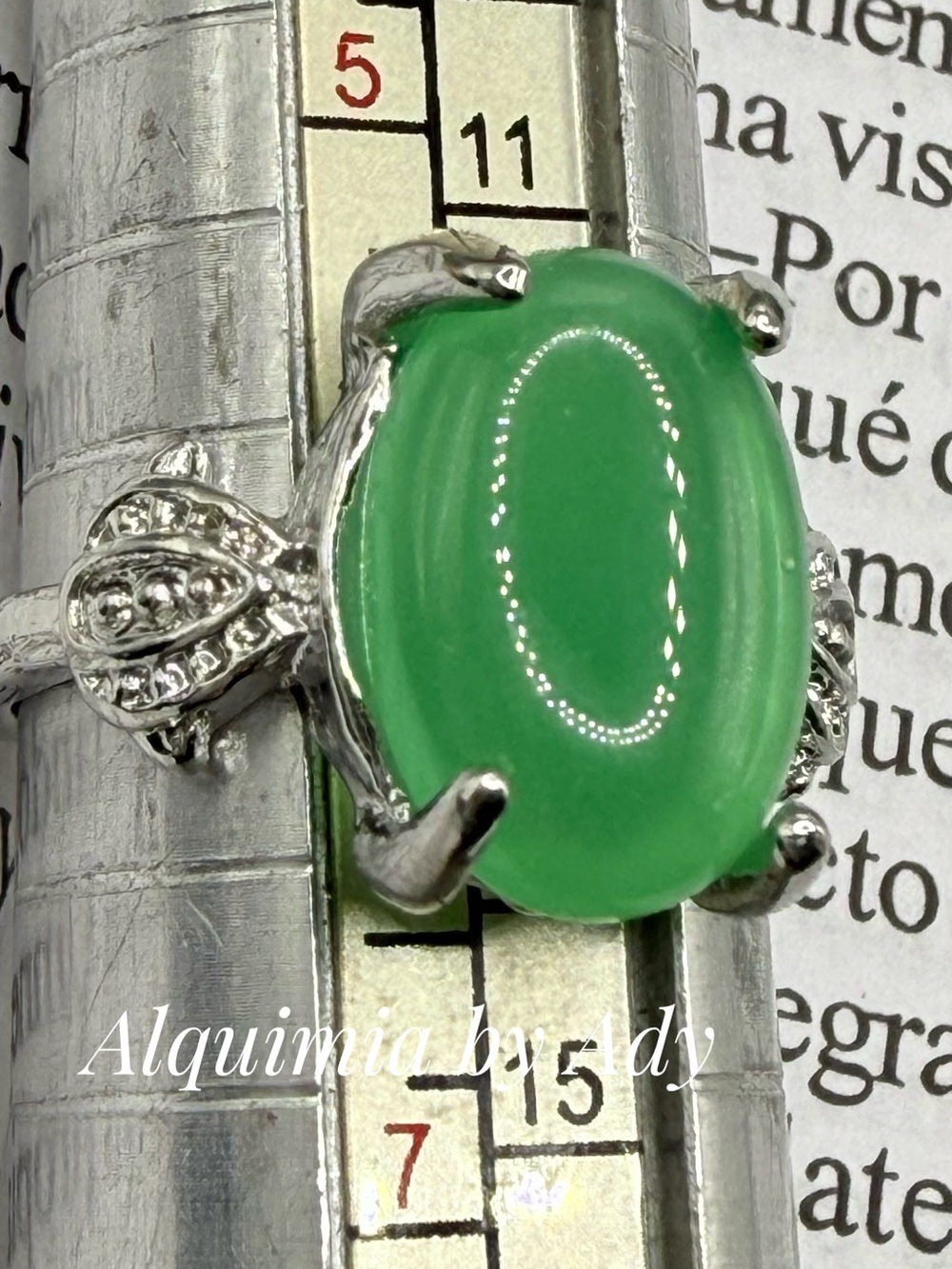 Round Bright Green Cabochon Silver Prong Ring